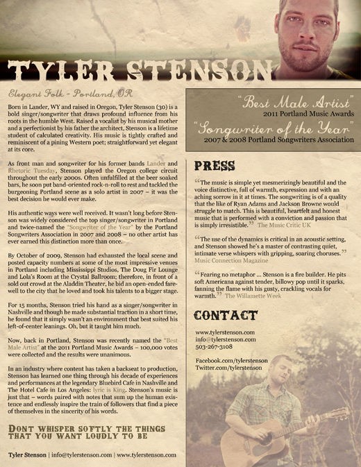 Tyler Stenson Artist One Sheet - 2011
